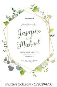 Retro delicate vector design flower card. Eucalyptus, spring greenery, sage, berry, plants.Wedding floral invitation background. Geometric golden art. Watercolor vintage frame. Isolated and editable