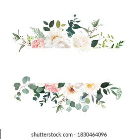 Retro delicate vector design flower horizontal banner. Creamy peony, pink garden rose, white ranunculus, eucalyptus, greenery, sage and blush. Wedding floral garland. Watercolor. Isolated and editable