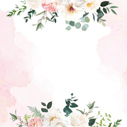 Retro Delicate Wedding Card With Pink Watercolor Texture And Flowers. White Peony, Pink Ranunculus, Dusty Rose, Eucalyptus, Greenery. Floral Vector Design Frame. Elements Are Isolated And Editable