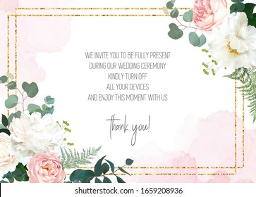 Carta de boda retro delicada con textura color agua rosa y flores. Peón blanco, ranunculus rosado, rosa polvorienta, eucalipto, vegetación. Marco de diseño vectorial floral. Los elementos son aislados y editables