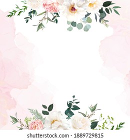 Retro delicate wedding card and pink watercolor texture   flowers  White peony  pink ranunculus  dusty rose  eucalyptus  greenery  Floral vector design frame  Elements are isolated   editable