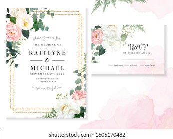 Retro delicate wedding cards with pink watercolor texture and flowers. White peony, pink ranunculus, dusty rose and eucalyptus greenery. Floral vector design frame. Elements are isolated and editable