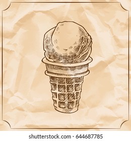 Retro delicious ice cream cone. Vector hand drawn illustration. Old paper background