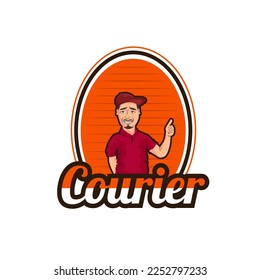 Retro delivery courier logo. Bearded man vintage emblem. Vector illustration.