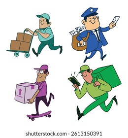 Retro Delivery Scene with Cartoon Funny Express Service in Fill Line Style