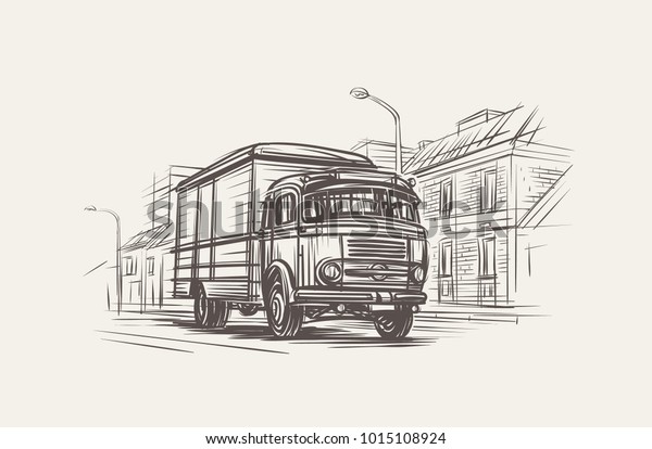 Retro Delivery Truck Illustration. Hand drawn, vector,\
eps 10. 