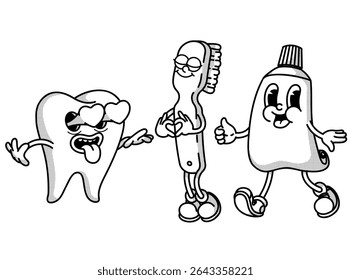 Retro dental dream team: toothpaste, brush and tooth mascots! Vintage handdrawn trio for hygiene products, clinic posters and oral care branding