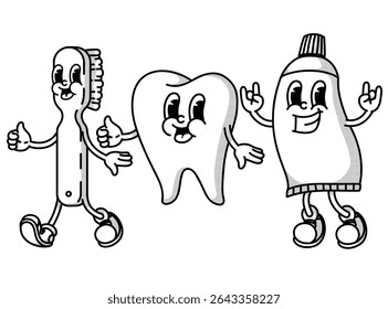Retro dental dream team: toothpaste, brush and tooth mascots! Vintage handdrawn trio for hygiene products, clinic posters and oral care branding