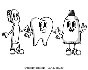 Retro dental dream team: toothpaste, brush and tooth mascots! Vintage handdrawn trio for hygiene products, clinic posters and oral care branding