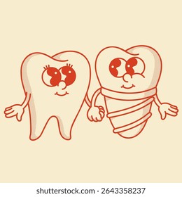 Retro dental duo: playful implant and natural tooth mascots. Vintage handdrawn style for implantology education and clinic branding