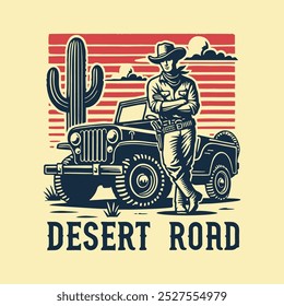 Camiseta Retro Desert Road Adventure com Cowboy e Jeep