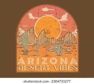 Retro desert vector print design for t shirt and others. Arizona cactus graphic design for apparel, stickers, posters and background. 