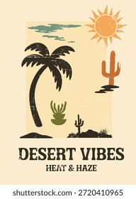 Ilustración vectorial de vibraciones del desierto retro Palmera, cactus y escena solar con textura grunge