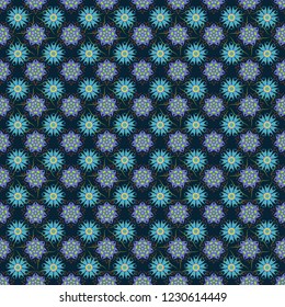 Retro design. Abstract flowers pattern in blue, black and violet colors. Seamless floral pattern, delicate flower vector wallpaper, wildflowers, tansy.