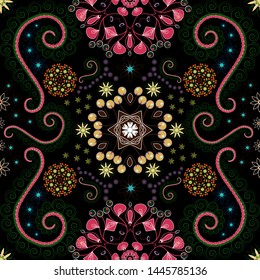 Retro design. Abstract flowers pattern in green, black and magenta colors. Seamless floral pattern, delicate flower vector wallpaper, wildflowers, tansy.