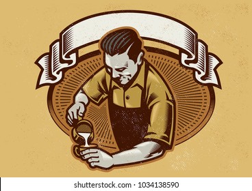 retro design barista making the coffee latte