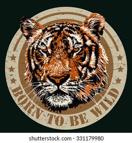 Retro design "Born To Be Free" for t-shirt print with tiger head and vintage fonts. vector illustration. grunge effect in separate layer.
