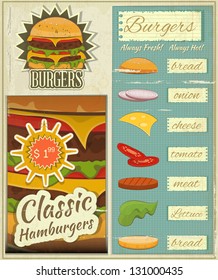 Retro Design of Burgers Menu, Big Hamburger with Ingredients and place for Price in Vintage Style. Set. Vector Illustration.