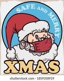 Retro design with button and cute Santa Claus face wearing a half-mask, promoting a safe celebration of Xmas holidays.