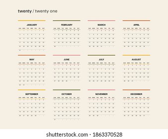 Retro design of calendar for 2021. Simple and clean minimalistic calendar layout for 2021 years. Color calendar. Week starts from Sunday.