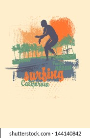 Retro design California surfing company for t-shirt print, with surfer, palms, hand-written fonts and textures. vector illustration.