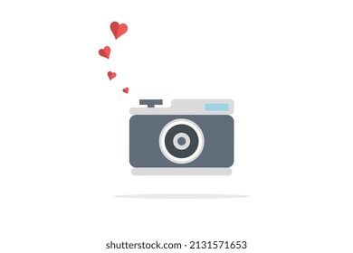 Retro design of a camera with red hearts coming out, modern style of illustration for Women's Day.