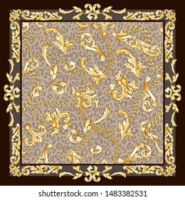 Retro design carf with gold baroque flourishes and chains on leopard backdrop. Square fashion print. Vintage pattern.