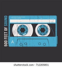 Retro design with a cassette tape. T-shirt and apparel vector print, typography, poster, emblem.