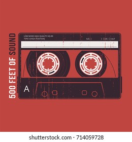 Retro design with a cassette tape. T-shirt and apparel vector print, typography, poster, emblem.