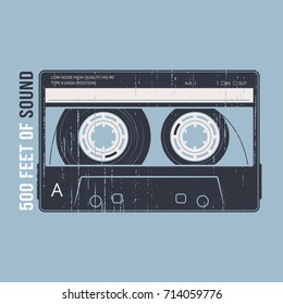 Retro design with a cassette tape. T-shirt and apparel vector print, typography, poster, emblem.