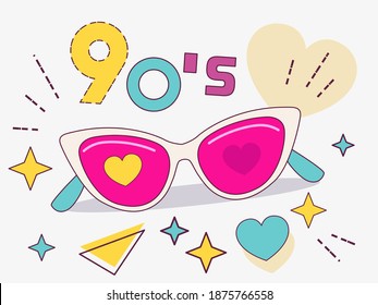 Retro design of cat's eye lens sunglasses. Women's and men's accessories from the collections of the 90's.  
Vintage Vector illustration.
