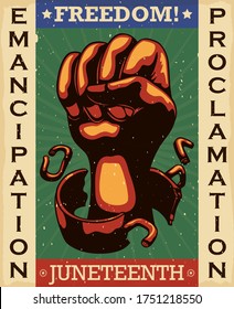 Retro Design To Celebrate Freedom Day Or Juneteenth With Fist Breaking Shackles, Representing The Liberation Of African-American Slaves In The U.S.A. With The Emancipation Proclamation.
