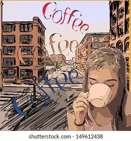 retro design coffee poster with girl drinking from white cup against vintage town main street