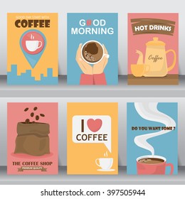 Retro design of Coffee Posters Set. can be use for background, backdrop, greeting and invitation card.  there are tea pot, coffee cup, bag and  bean. layout template in A4 size. vector illustration. 