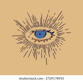 Retro design of colored tattoo of shining eye. Antique esoteric sign of fortune telling and divination. Vintage tatoo of magic, mystic element in bohemian style. Flat isolated vector illustration