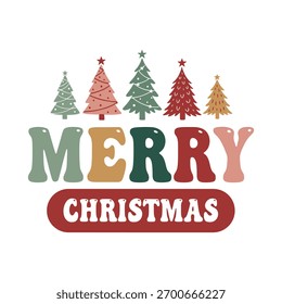 Retro “Merry Christmas” design with colorful trees and festive lettering. Perfect for Christmas shirts, mugs, cards, and holiday decorations. Ideal for and sublimation.