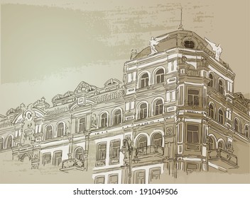 Retro design concept with vintage building in sketch style. Vector illustration. Grunge background contains gradients and transparency