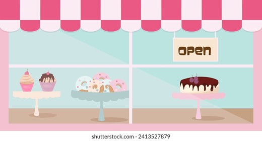 Retro design of the confectionery shop window. A poster with different desserts.  Vector illustration of food products.