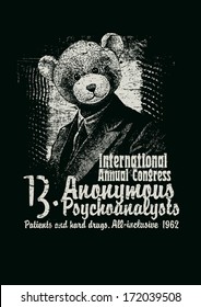 Retro design Congress Anonymous Psychoanalysts for poster or t-shirt print with man in a bear mask and textures. vector illustration. grunge effect in separate layer. black and white version.