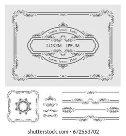 Retro design document template for diploma or certificate. Set of vintage vector calligraphic linear borders and retro frames