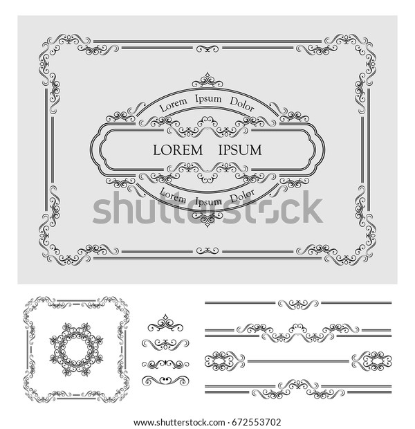 Retro\
design document template for diploma or certificate. Set of vintage\
vector calligraphic linear borders and retro\
frames