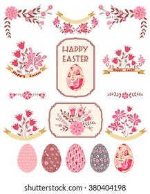 Retro design elements in bright colors. Tag with flower and eggs. Isolated on white for greeting cards, Easter, scrap booking. Vector set.