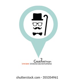 retro design elements, hats, mustaches,tie ,walking stick and glasses with map pointer. vector illustration.