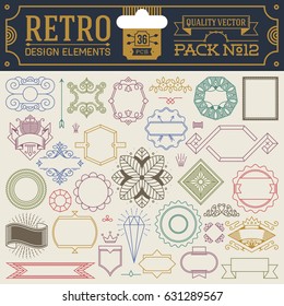 Retro design elements hipster style infographic color set 12. Labels, ribbons, icons, frames, borders etc. High quality vector illustration.