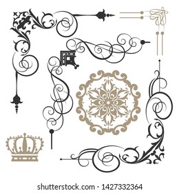 Retro design elements for page decorations - corner ornament, calligraphy swirls, crowns, scroll