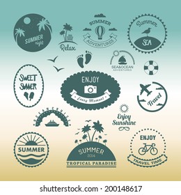 Retro design elements Summer holidays vector set. Vintage ornaments and labels, tropical paradise,  beach vacation, adventure and travel.
