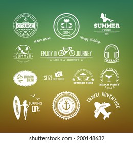 Retro design elements Summer holidays vector set. Vintage ornaments and labels, tropical paradise,  beach vacation, adventure and travel.