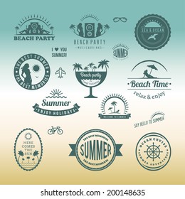 Retro design elements Summer holidays vector set. Vintage ornaments and labels, tropical paradise,  beach vacation, adventure and travel.
