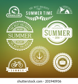 Retro design elements Summer holidays vector set. Vintage ornaments and labels, tropical paradise, beach vacation, adventure and travel.