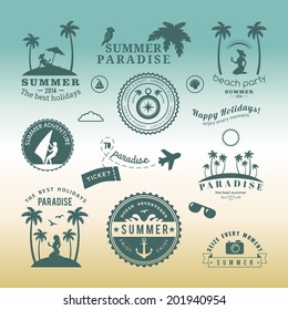 Retro design elements Summer holidays vector set. Vintage ornaments and labels, tropical paradise, beach vacation, adventure and travel.